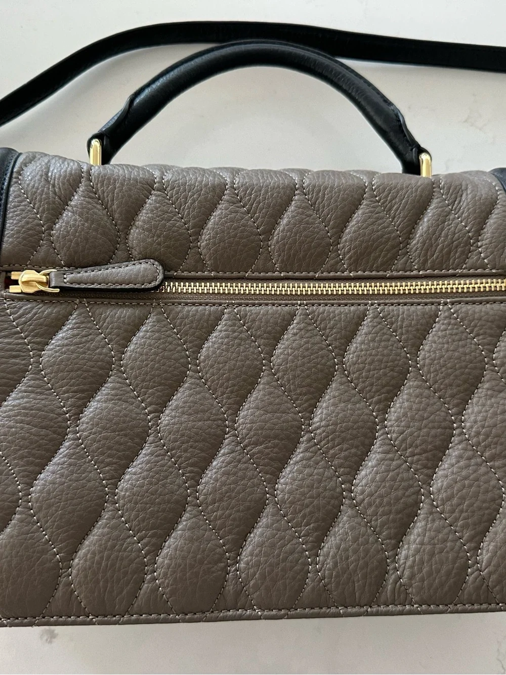 Vera Bradley Quilted Taupe Satchel with Black Trim and Gold Hardware